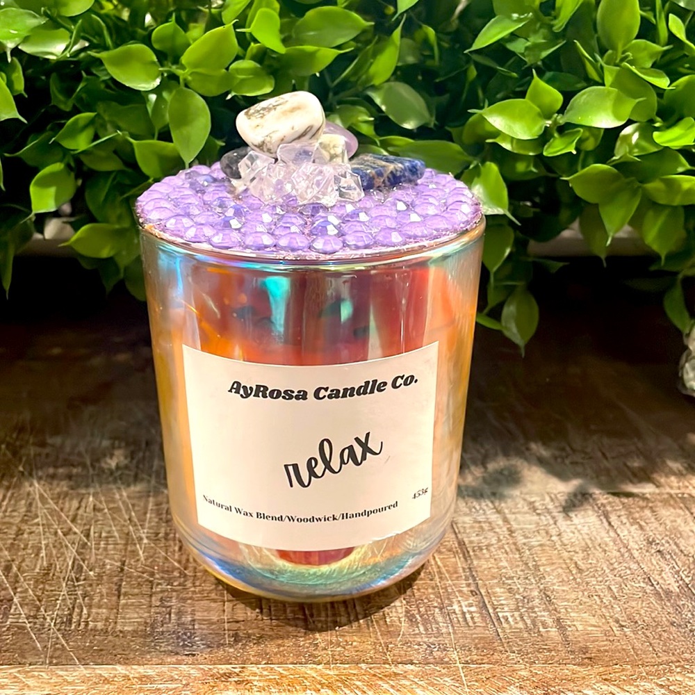 AyRosa Candle Co. by Defy Organics.Relax -Organic Wax Blend/Wood Wick/Stones